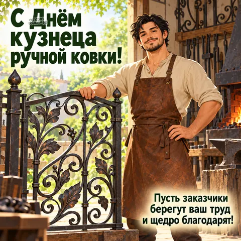 Открытка «День кузнеца ручной ковки, Мастер с кованым листом»
