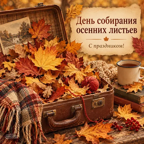 Открытка «День собирания осенних листьев, винтажный чемодан с осенними листьями, книгами и чаем»
