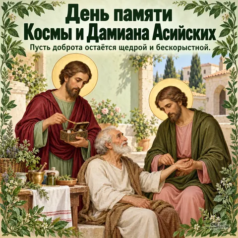Открытка «День памяти Космы и Дамиана Асийских, бессребреники лечат больного во дворе с травами»