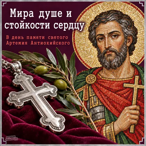 Открытка «День памяти Артемия Антиохийского, мозаичный образ святого, серебряный крест на пурпурном бархате, мир душе и стойкость сердцу» — День памяти великомученика Артемия Антиохийского