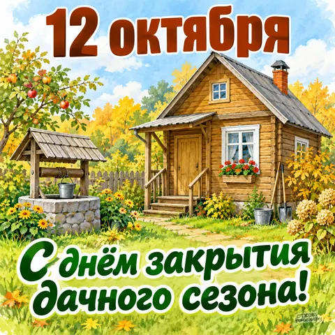 Открытка «Закрытие дачного сезона, домик колодец и яблоня»