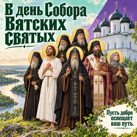 Открытка «Собор Вятских святых, в день собора, святые на зелёном холме, река и белый храм, пусть добро освещает ваш путь»