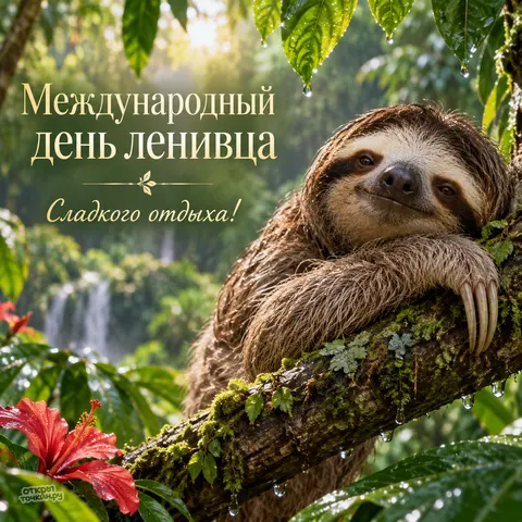 Открытка «Международный день ленивца, ленивец на ветке с красным цветком у водопада»