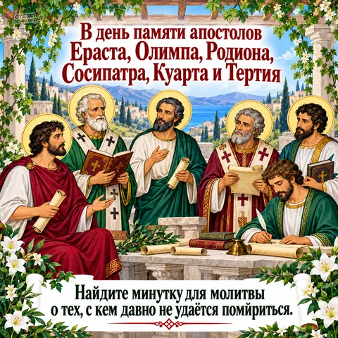 Открытка «Апостолы Ераст Олимп Родион Сосипатр Куарт и Тертий, молитва на террасе под зелёной беседкой» — День памяти апостолов от 70-ти Ераста, Олимпа, Родиона и прочих