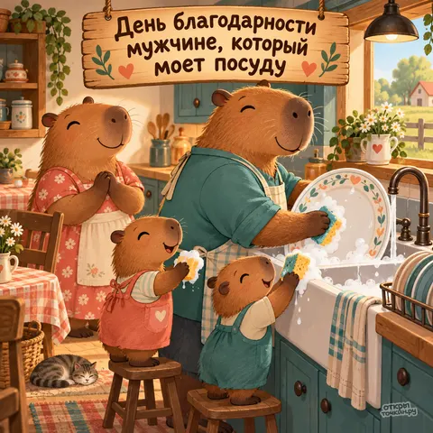 Открытка «День благодарности мужчине, который моет посуду, семья капибар на кухне»