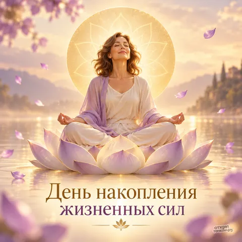 Открытка «День накопления жизненных сил, женщина медитирует в лотосе на цветке над водой»