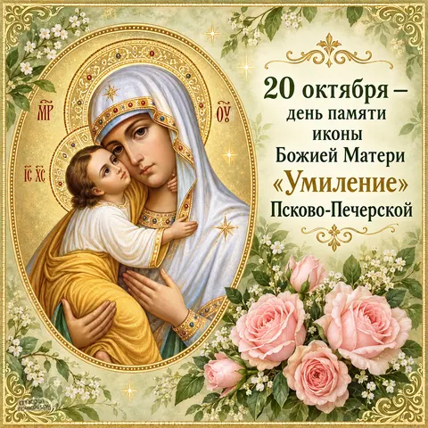 Открытка «Икона Умиление Псково-Печерская, день памяти двадцатого октября и розы» — Праздник Псково-Печерской иконы Божией Матери «Умиление»